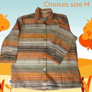 Choices Sheer Crinkle Striped Button-Down Blouse, Size Medium